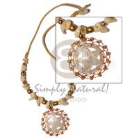 carved round floral mother of pearl shell (MOP) with brass wire