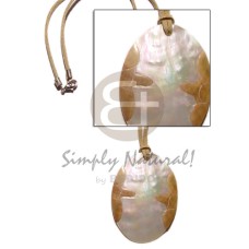 leather thong with oval mother of pearl shell (MOP) with embossed