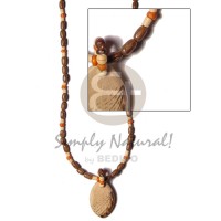 oval wood pendant with burning wood rice beads