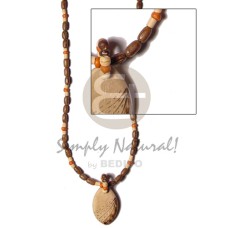 oval wood pendant with burning wood rice beads